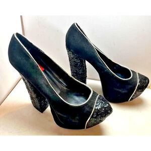 F R H ~ Women's Size 7.5 ~ Black Suede ~ SEQUIN ~ 5.5" Hi Heel ~ Platform Shoes